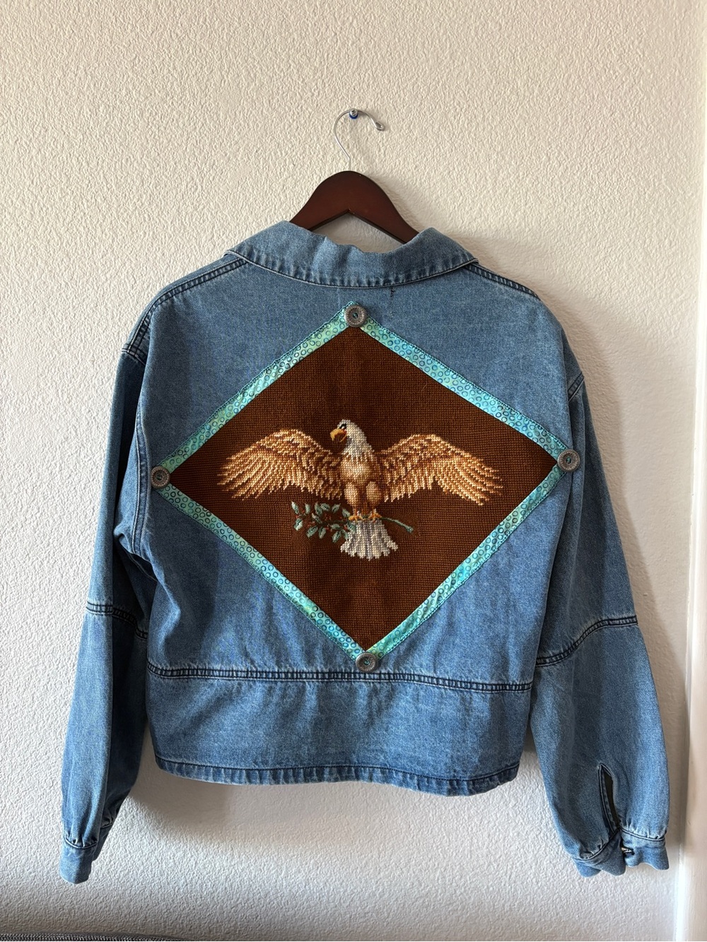 One-of-a-Kind Upcycled Denim Jacket w/ Vintage Southwestern Eagle Embroidery